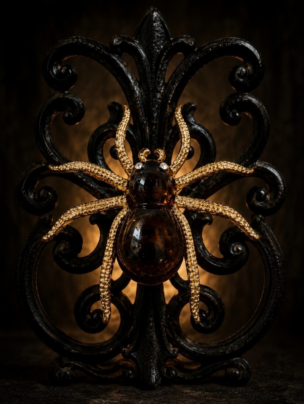 Pitted Lucite Tortoise Root Beer Brown Spider Brooch Halloween Gold Tone Brooch